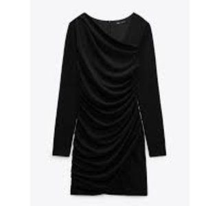 Zara Draped Wrap Mini-Dress Small Black V-neck Cinched Long Sleeves